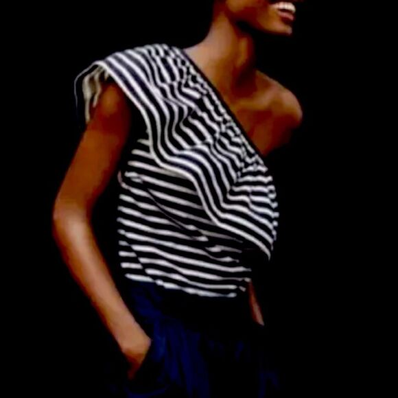 J. Crew One Shoulder Black and Ivory Striped Top Size XS - Picture 2 of 7